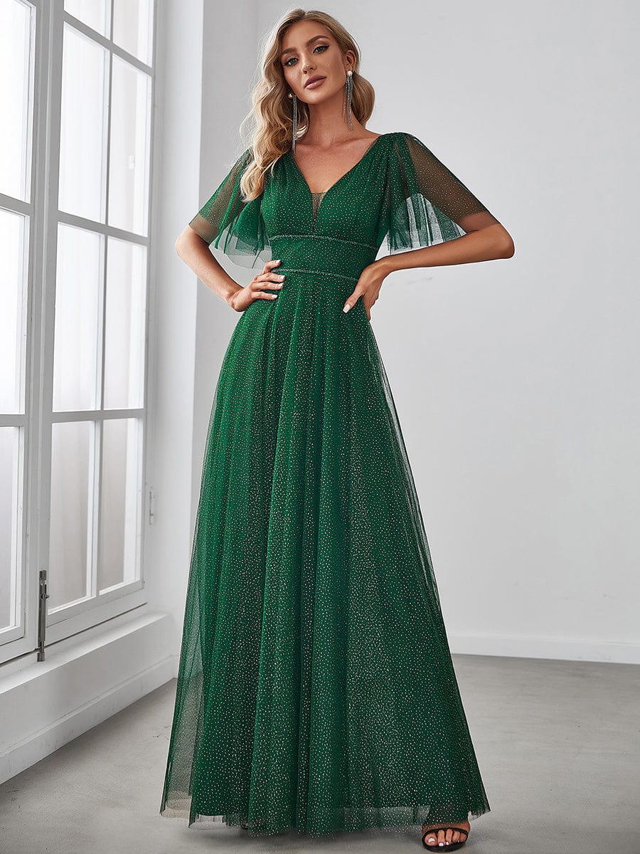 Cute Deep V Neck A-Line Tulle Long Wedding Guest Dress