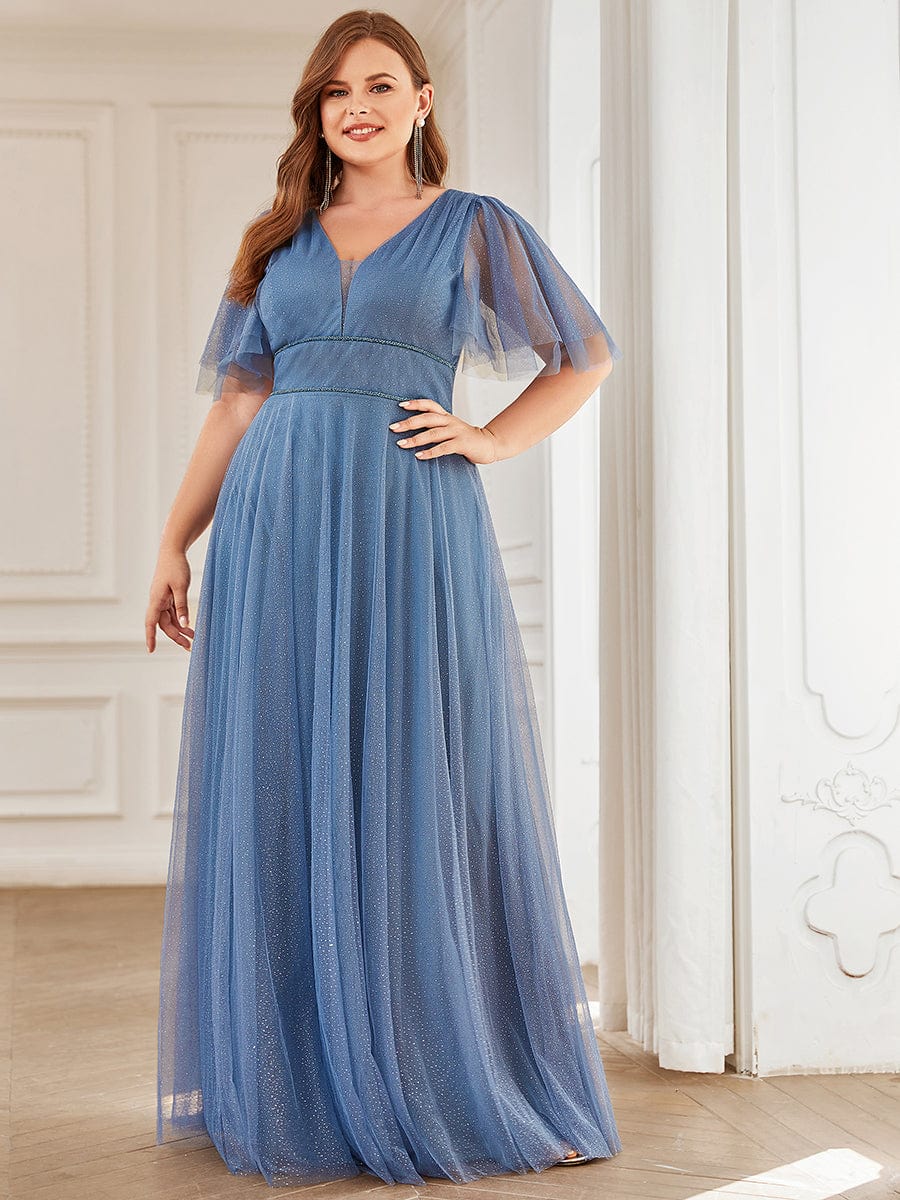 Cute Deep V Neck A-Line Tulle Long Wedding Guest Dress