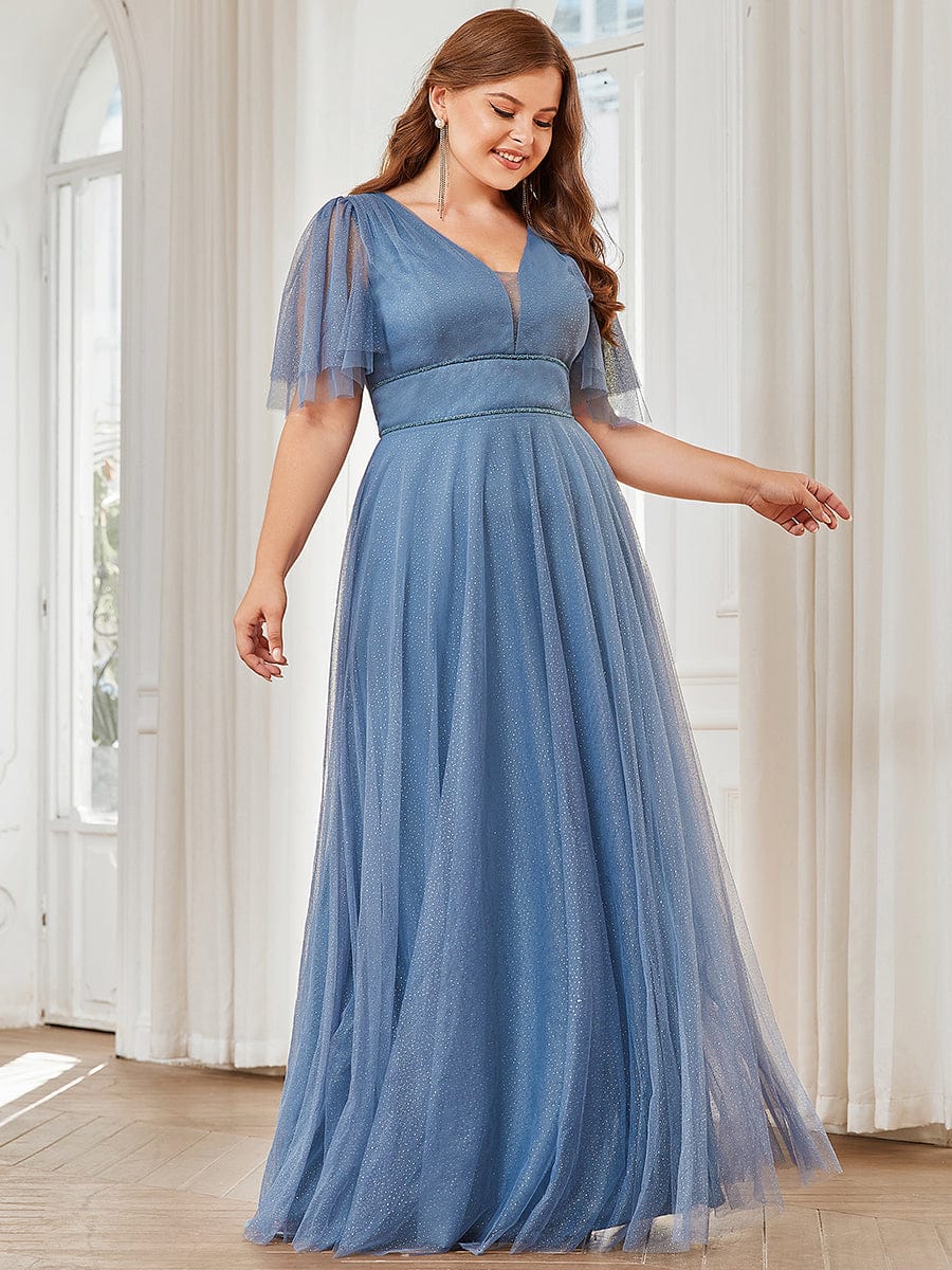 Romantic Plus Size Tulle Evening Dress with Deep V Neck