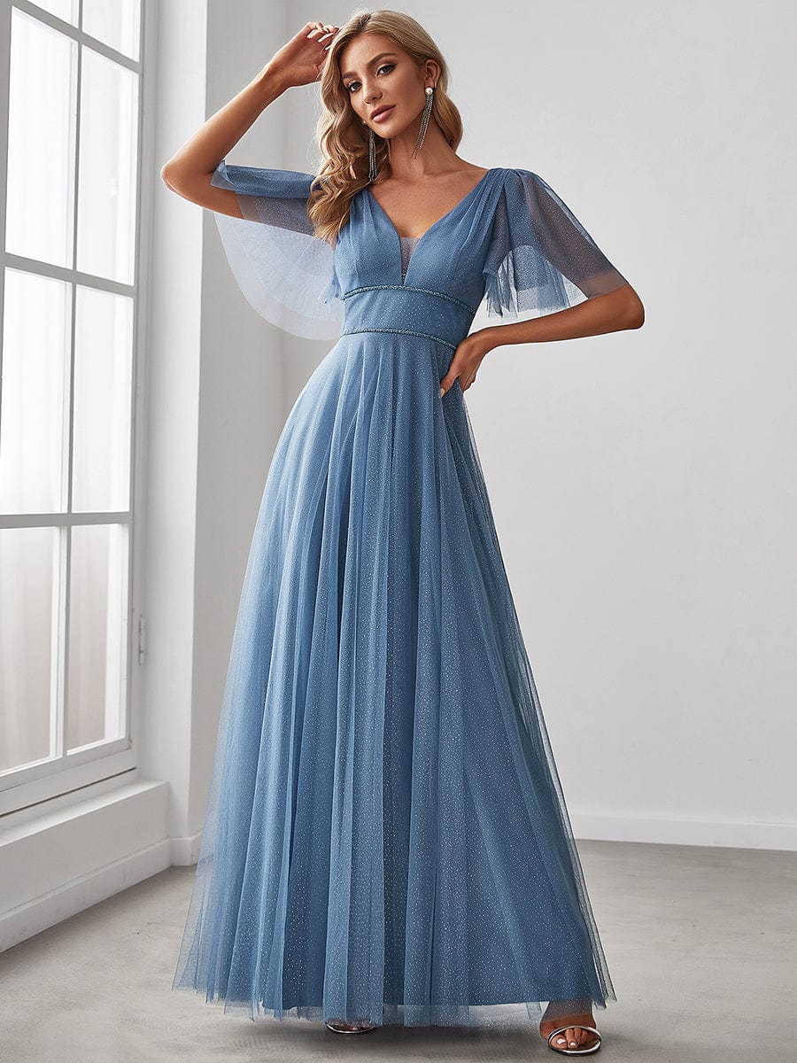 Cute Deep V Neck Maxi A-Line Tulle Evening Dress