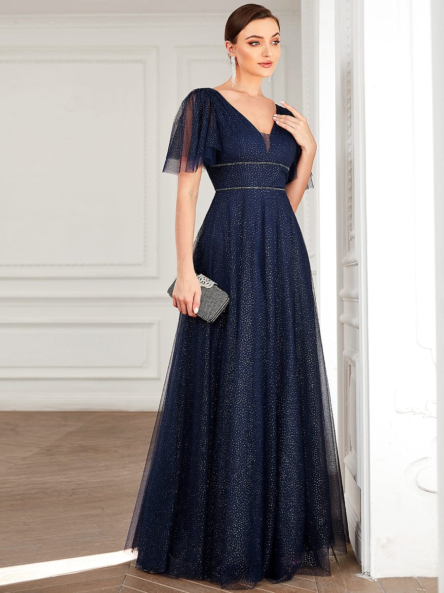 Cute Deep V Neck Maxi A-Line Tulle Evening Dress