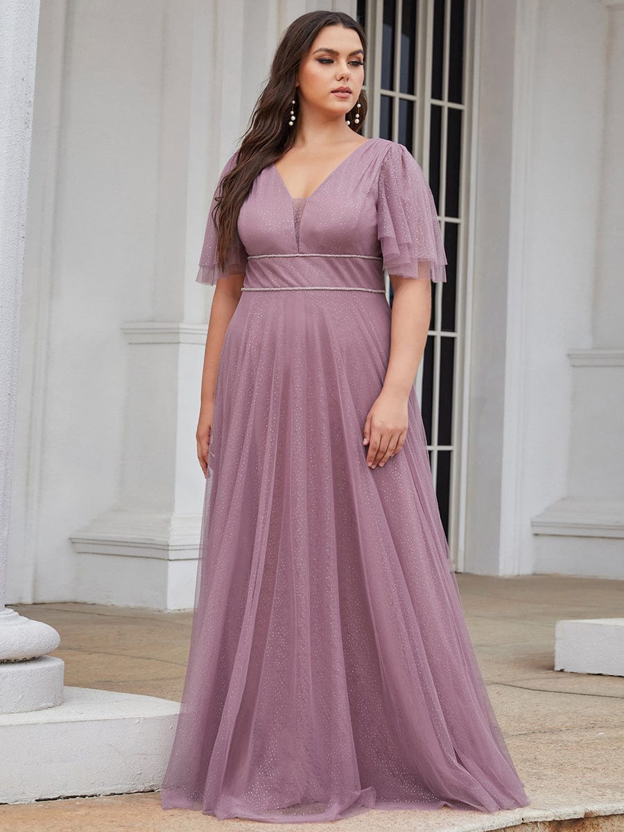 Romantic Plus Size Tulle Evening Dress with Deep V Neck