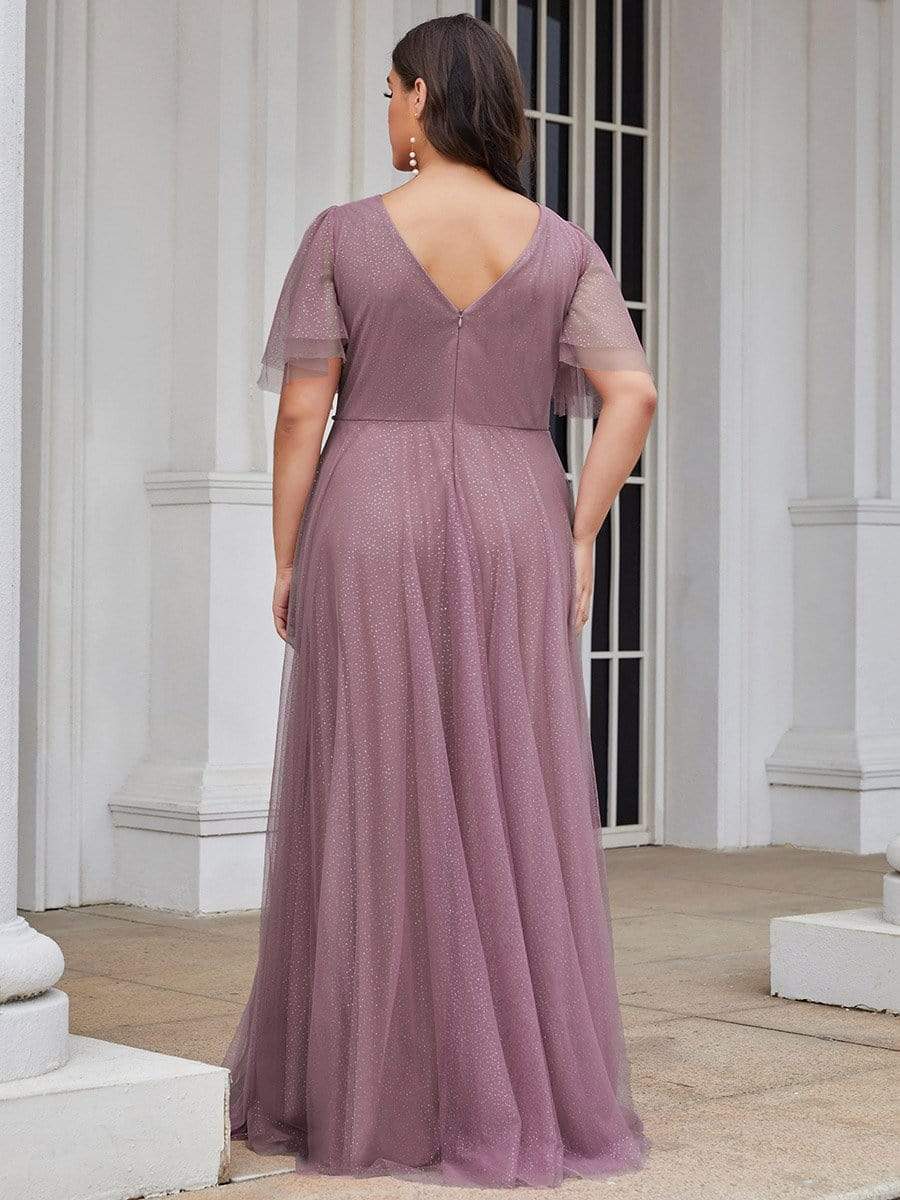 Romantic Plus Size Tulle Evening Dress with Deep V Neck