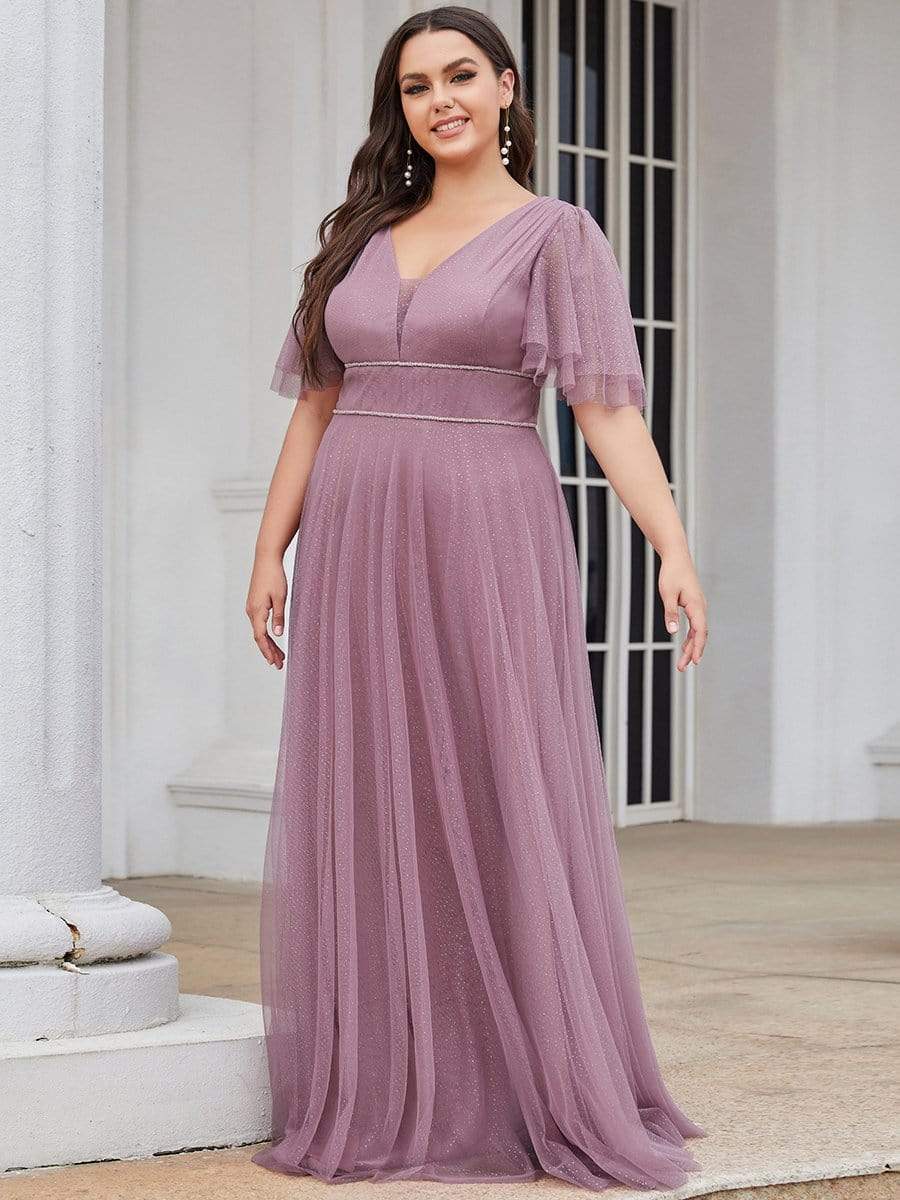 Cute Deep V Neck A-Line Tulle Long Wedding Guest Dress