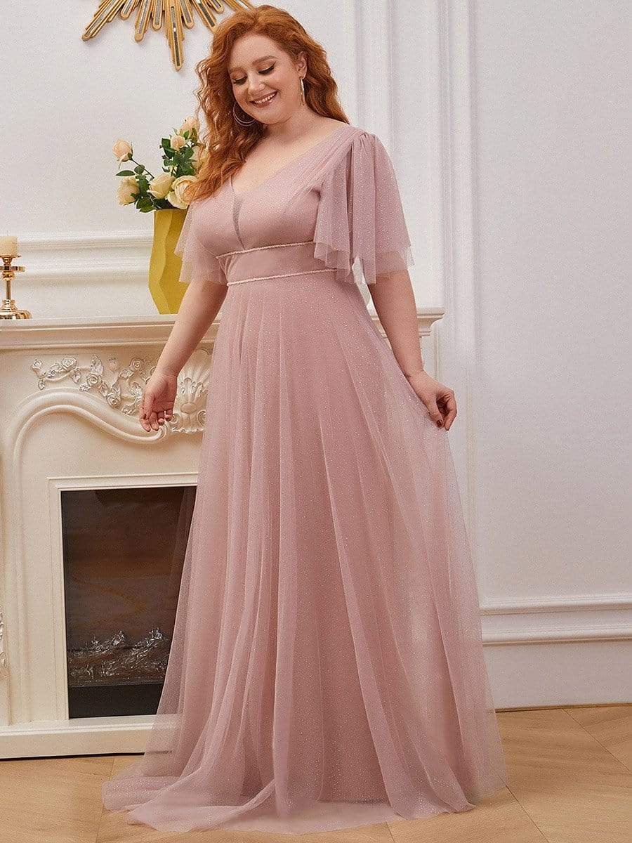 Romantic Plus Size Tulle Evening Dress with Deep V Neck