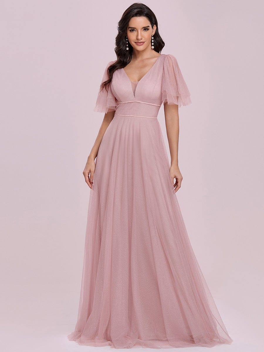 Cute Deep V Neck A-Line Tulle Long Wedding Guest Dress