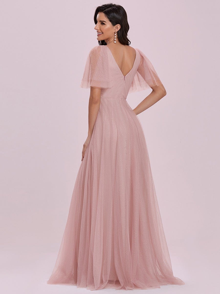 Cute Deep V Neck A-Line Tulle Long Wedding Guest Dress