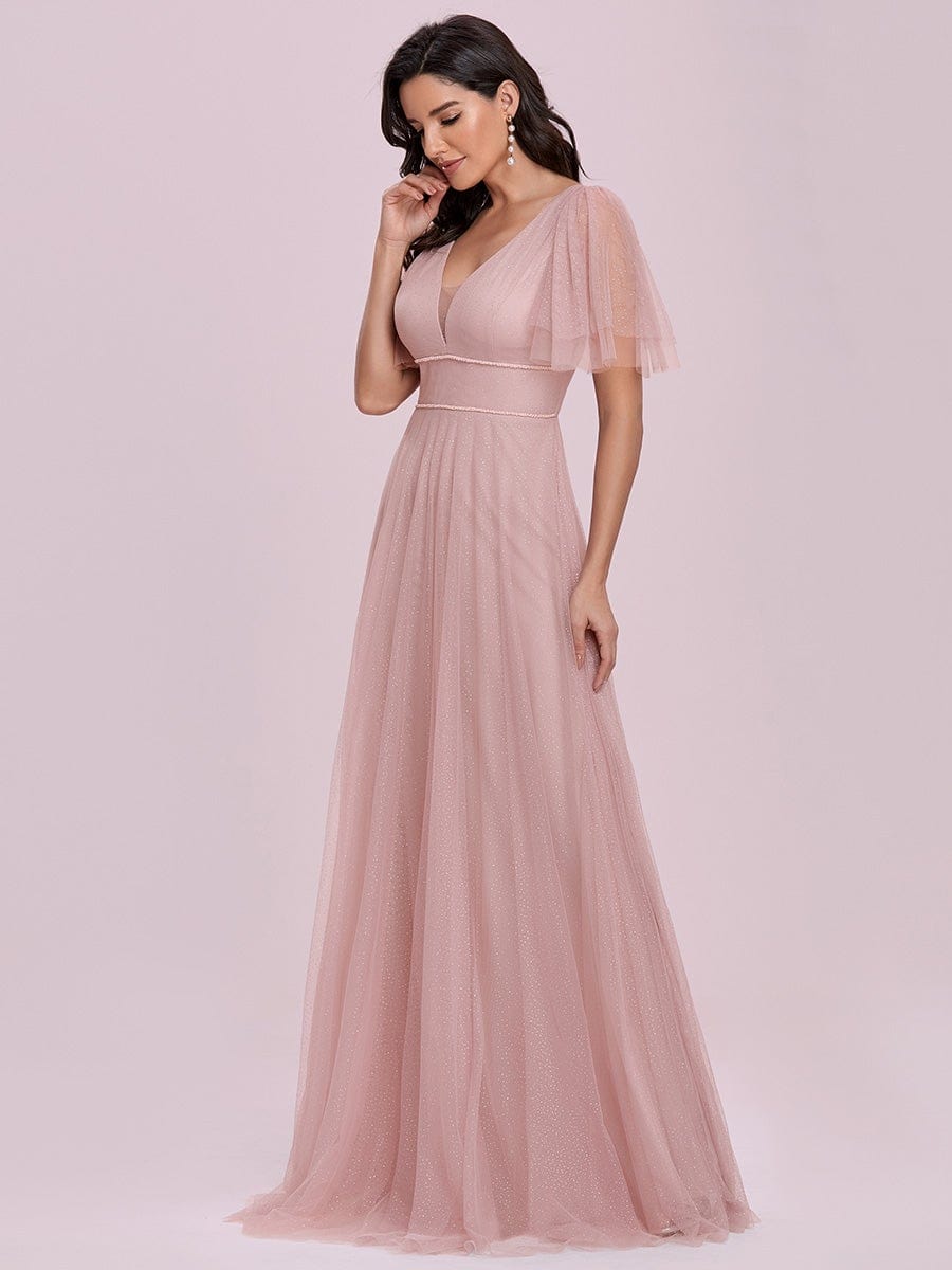 Cute Deep V Neck Maxi A-Line Tulle Evening Dress