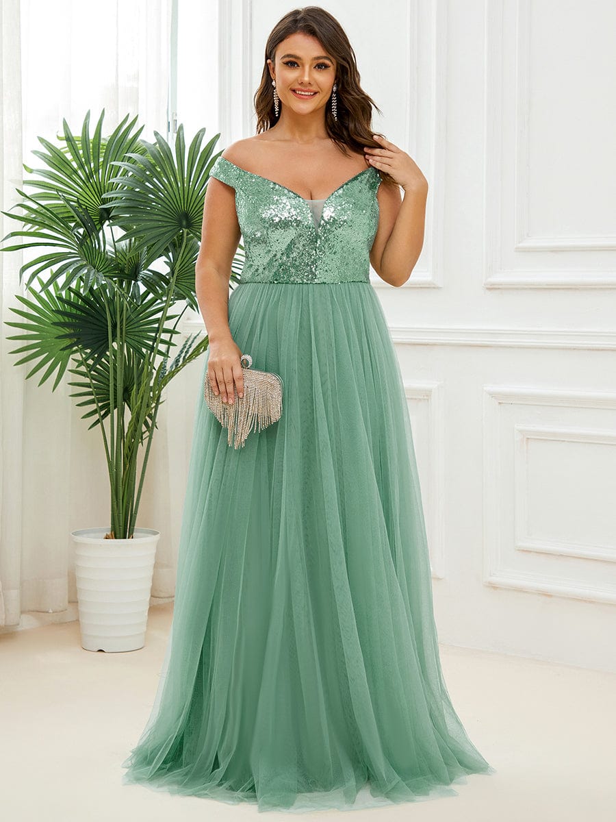 Plus Size Stunning High Waist Tulle & Sequin Sleeveless Evening Dress