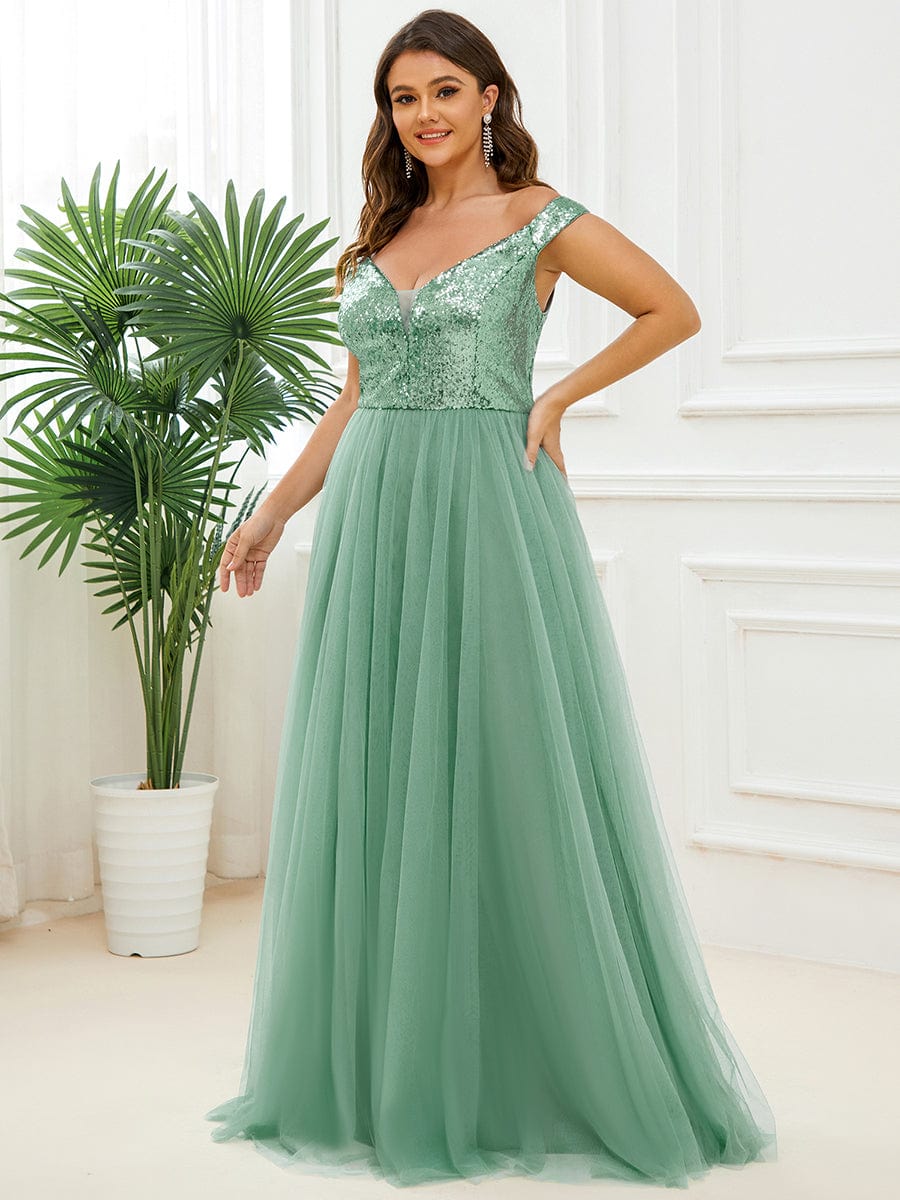 Plus Size Stunning High Waist Tulle & Sequin Sleeveless Evening Dress