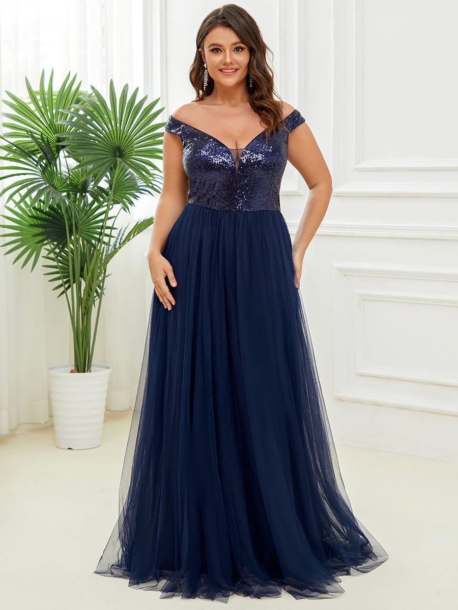 Plus Size Stunning High Waist Tulle & Sequin Sleeveless Evening Dress