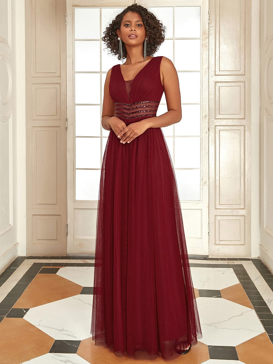 Sleeveless V Neck Sequin Long Evening Dress