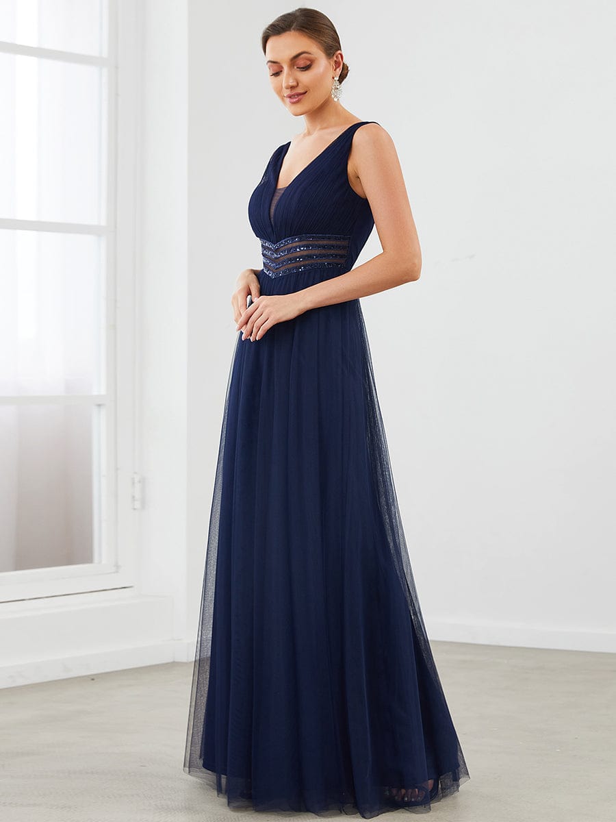 Sleeveless V Neck Sequin Long Evening Dress