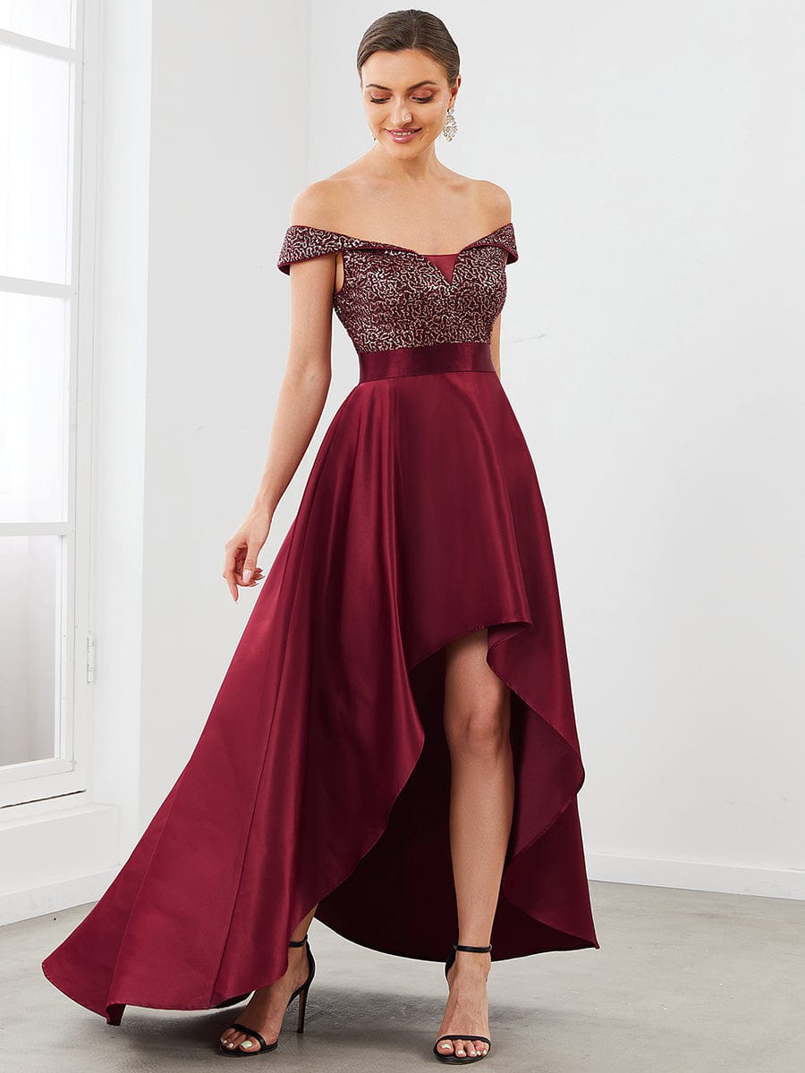 Off Shoulder Shimmer High Low Evening Dress