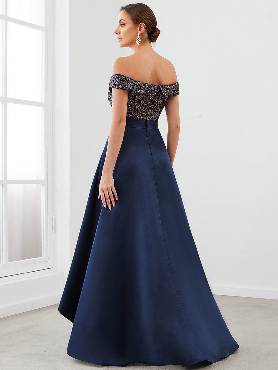 Off Shoulder Shimmer High Low Evening Dress