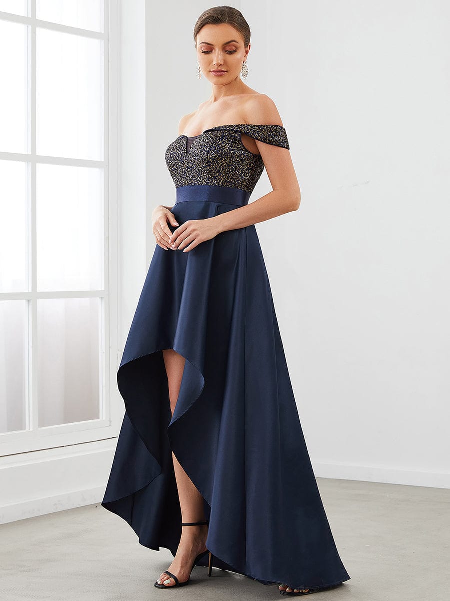 Off Shoulder Shimmer High Low Evening Dress