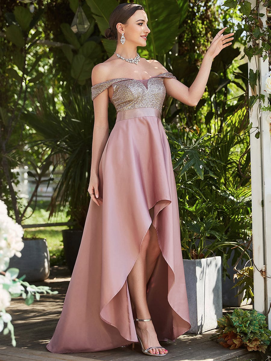 Off Shoulder Shimmer High Low Evening Dress