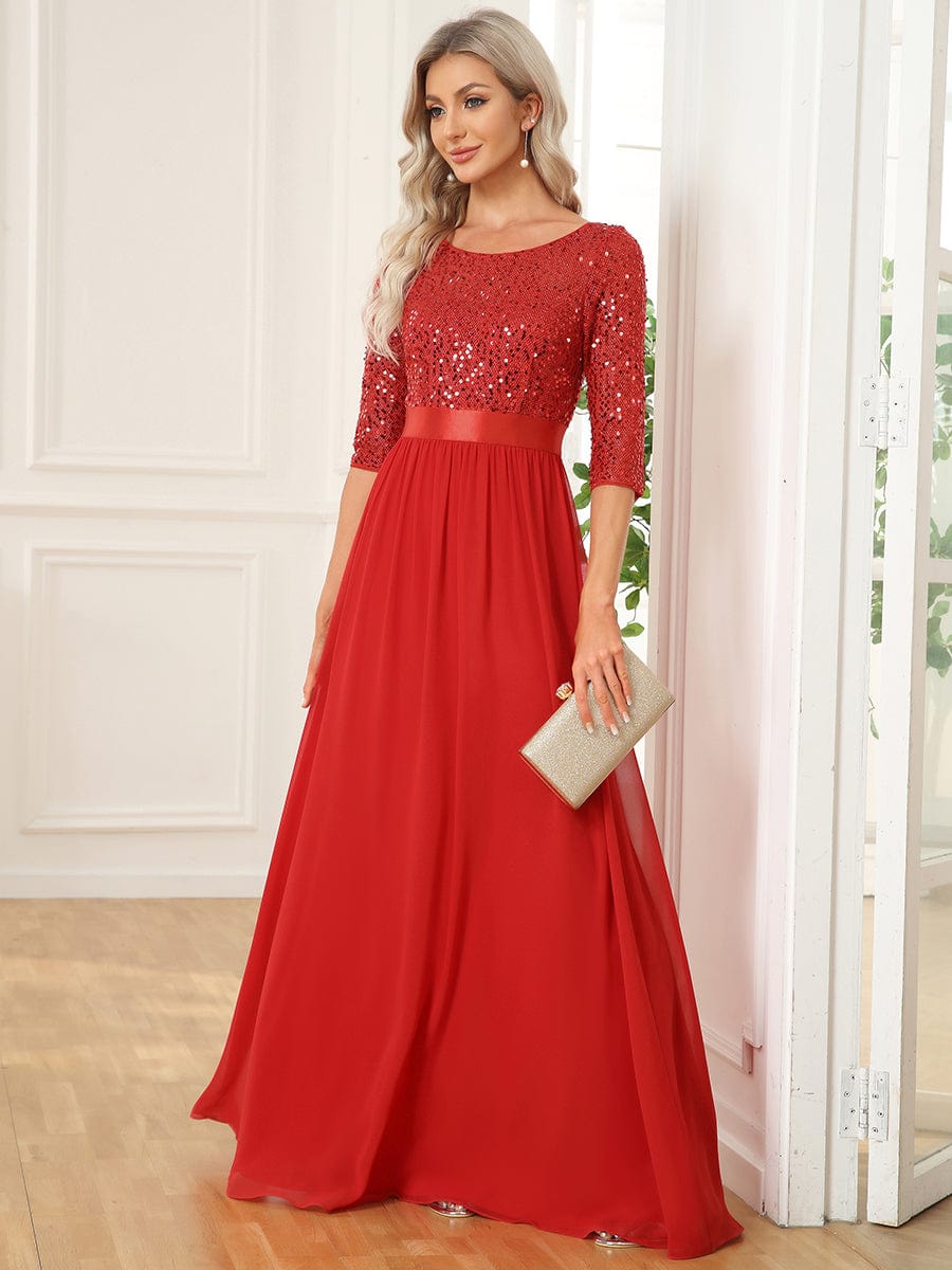 3/4 Sleeves Round Neck Sparkling Evening Dress With Sequin