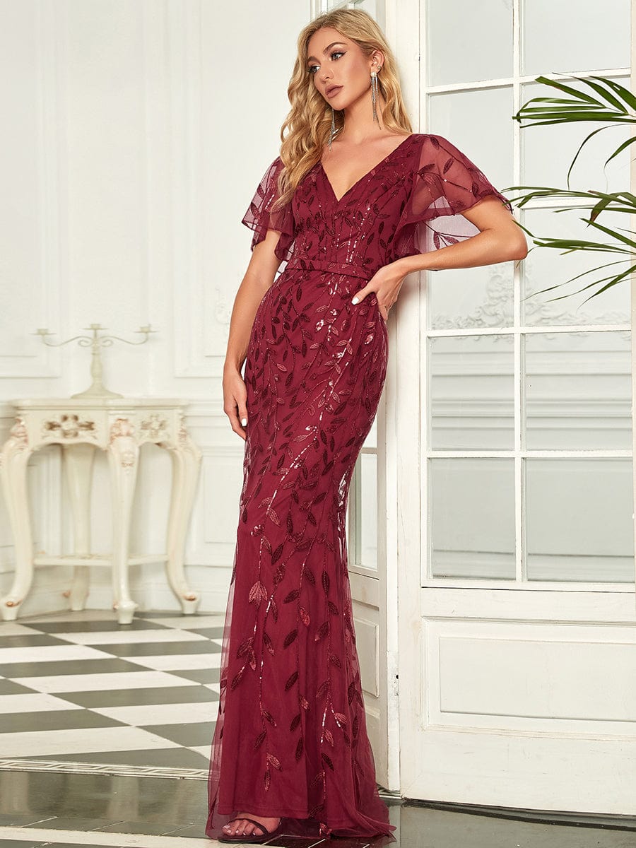 Gorgeous V Neck Leaf-Sequined Fishtail Party Dress