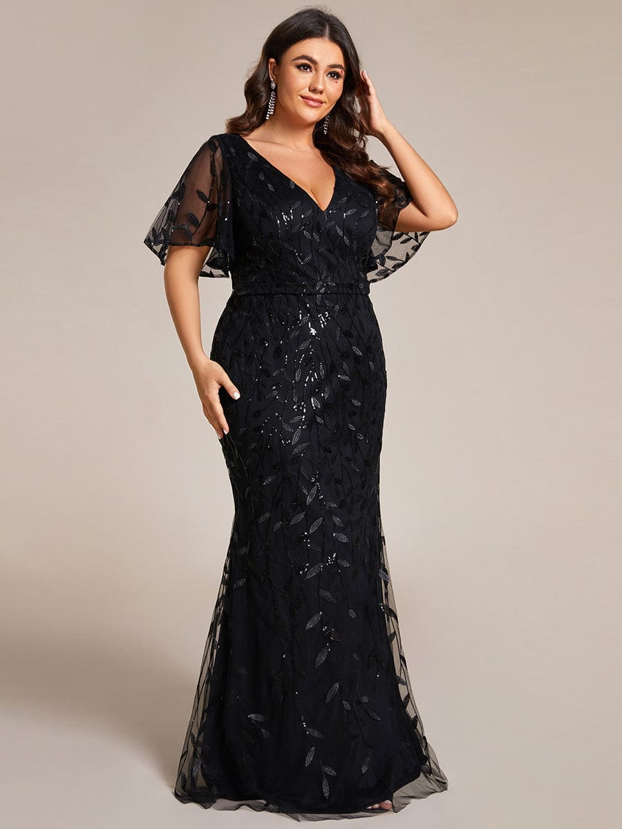 Fashion Plus Size V Neck Mermaid Sequin & Tulle Evening Dress