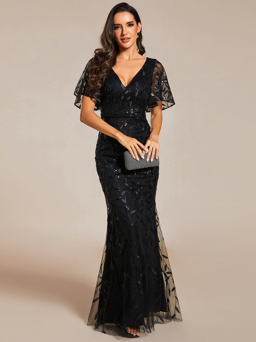 Gorgeous V Neck Leaf-Sequined Fishtail Party Dress