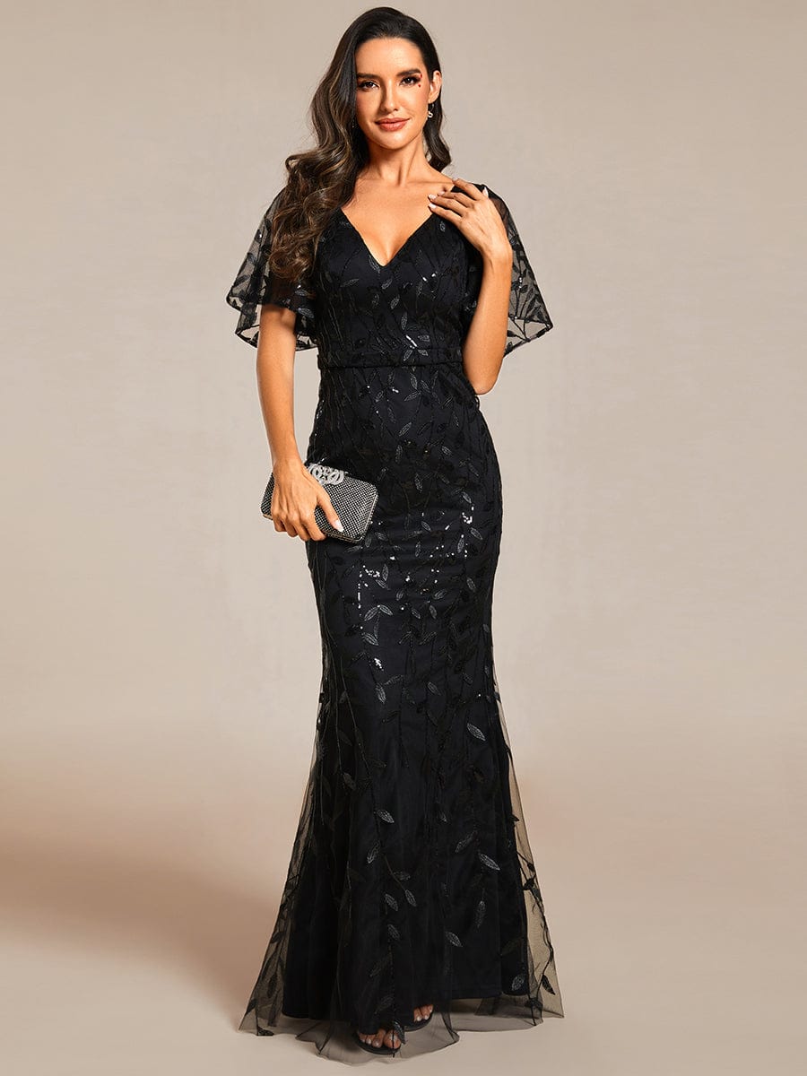 Gorgeous V Neck Leaf-Sequined Fishtail Party Dress