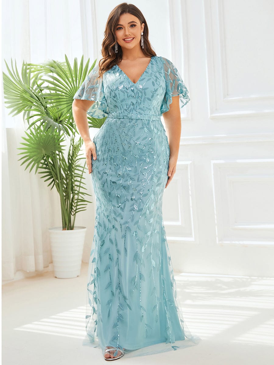 Gorgeous V Neck Leaf-Sequined Fishtail Party Dress