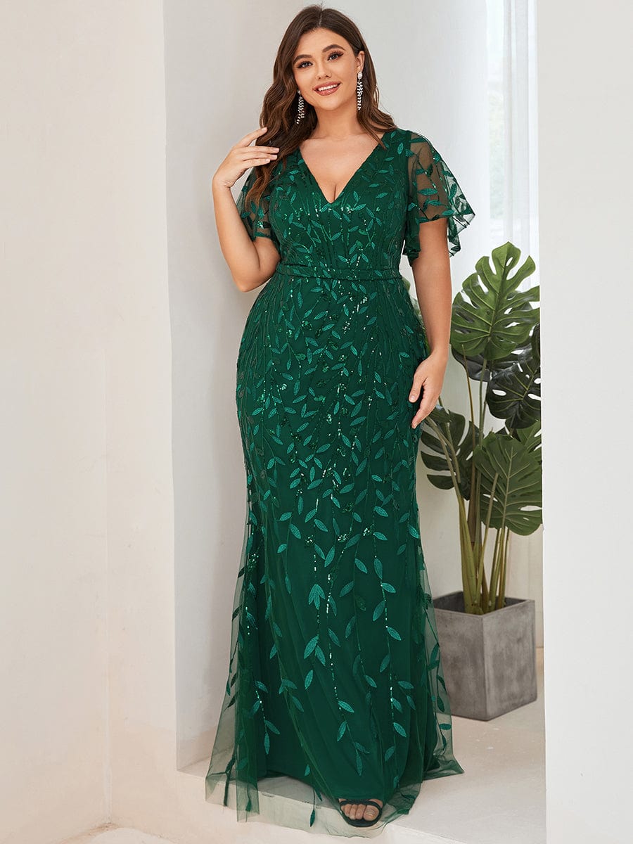 Gorgeous V Neck Leaf-Sequined Fishtail Party Dress