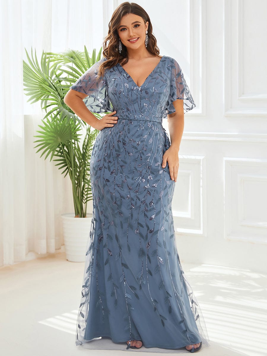 Gorgeous V Neck Leaf-Sequined Fishtail Party Dress