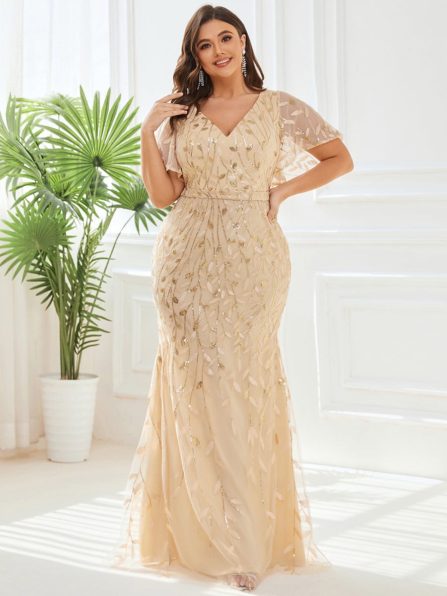 Gorgeous V Neck Leaf-Sequined Fishtail Party Dress