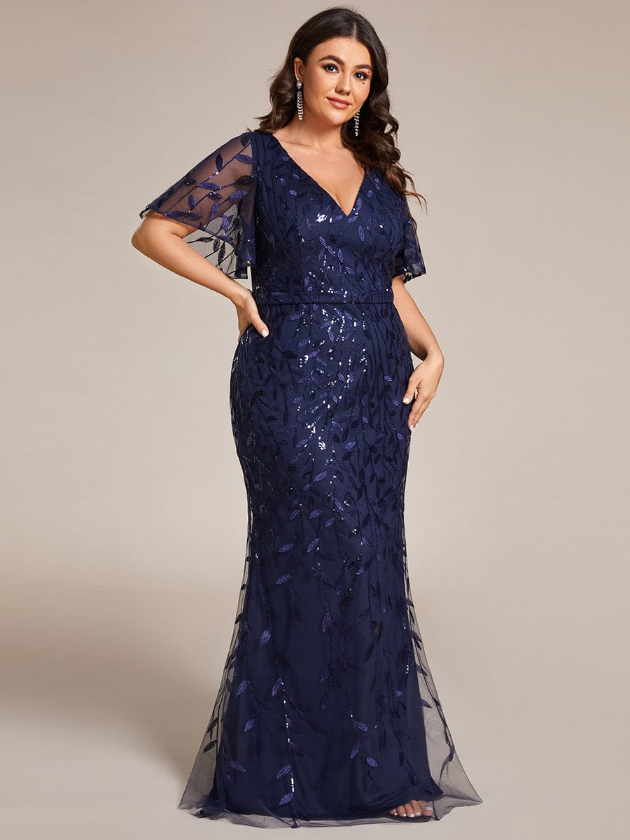 Fashion Plus Size V Neck Mermaid Sequin & Tulle Evening Dress