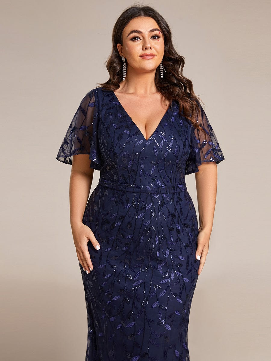 Fashion Plus Size V Neck Mermaid Sequin & Tulle Evening Dress