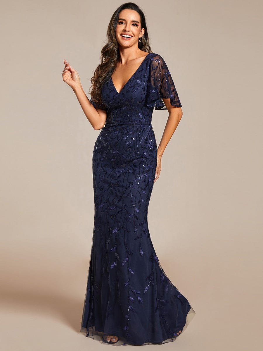 Gorgeous V Neck Leaf-Sequined Fishtail Party Dress