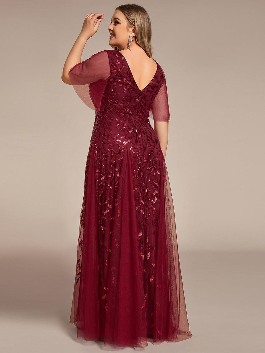 Plus Size Romantic Shimmery V Neck Ruffle Sleeves Evening Gown