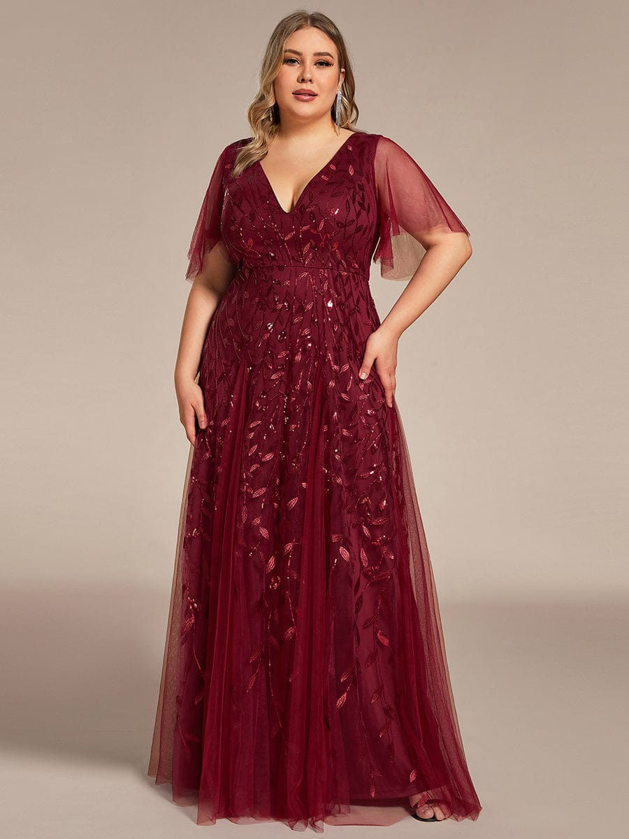 Plus Size Romantic Shimmery V Neck Ruffle Sleeves Evening Gown