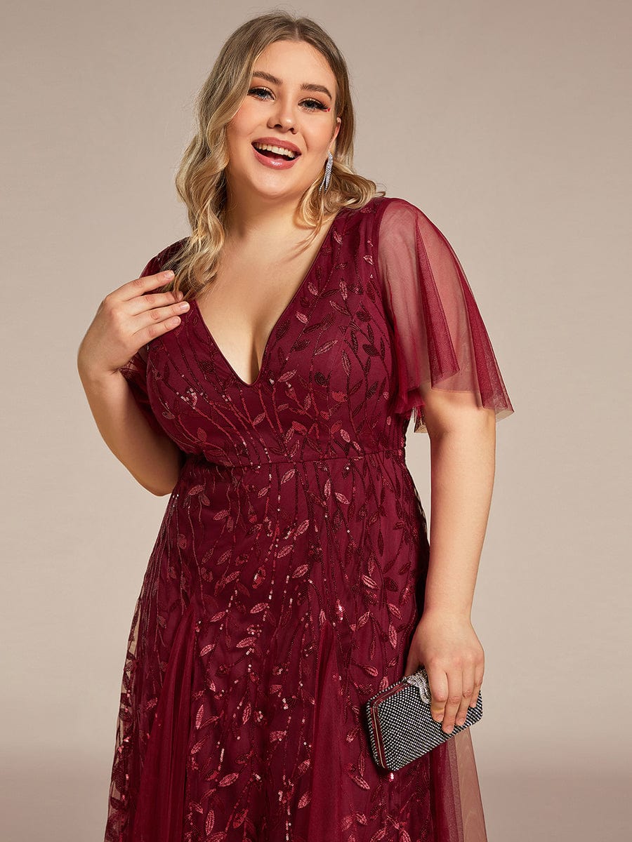 Plus Size Romantic Shimmery V Neck Ruffle Sleeves Evening Gown