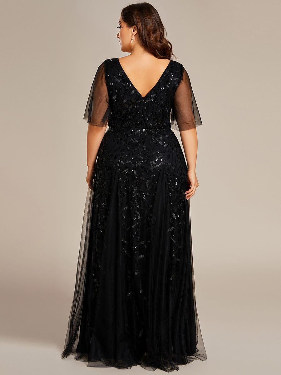 Plus Size Romantic Shimmery V Neck Ruffle Sleeves Evening Gown