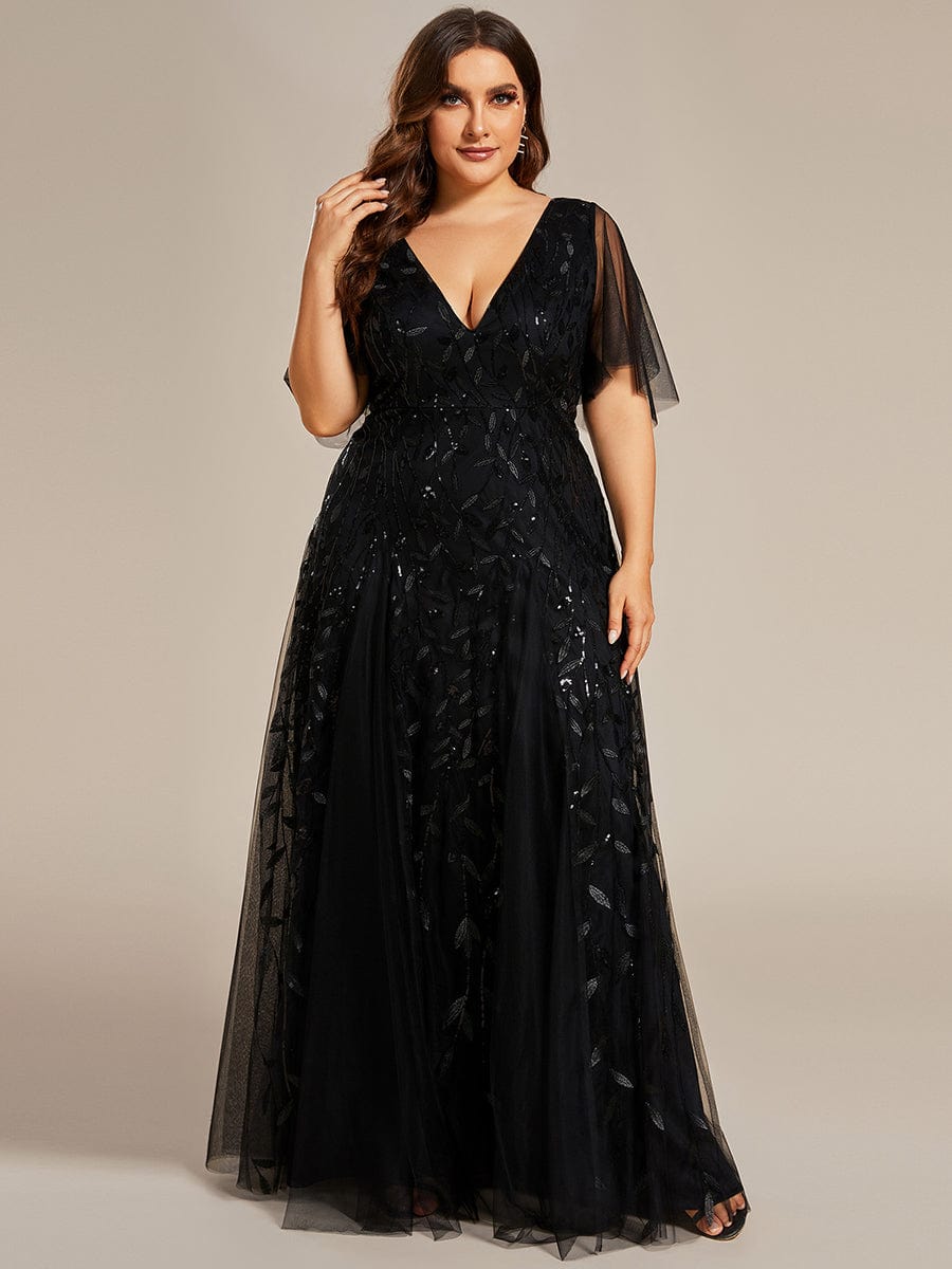 Plus Size Romantic Shimmery V Neck Ruffle Sleeves Evening Gown