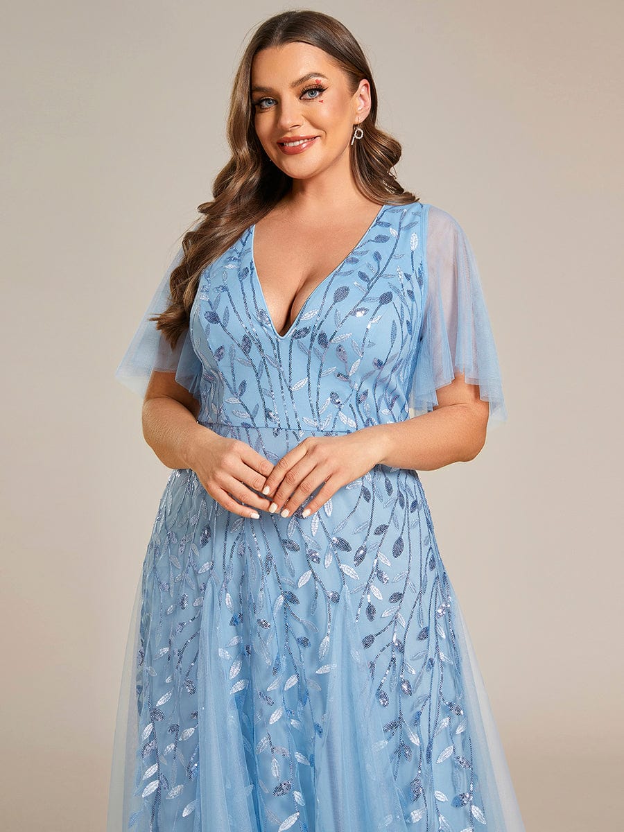 Plus Size Romantic Shimmery V Neck Ruffle Sleeves Evening Gown