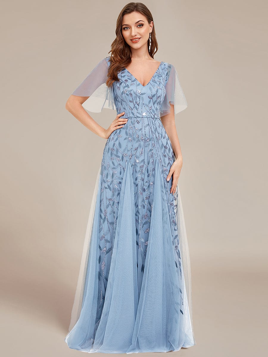 Stunning V Neck Long Wedding Guest Dress with Ruffle Sleeves