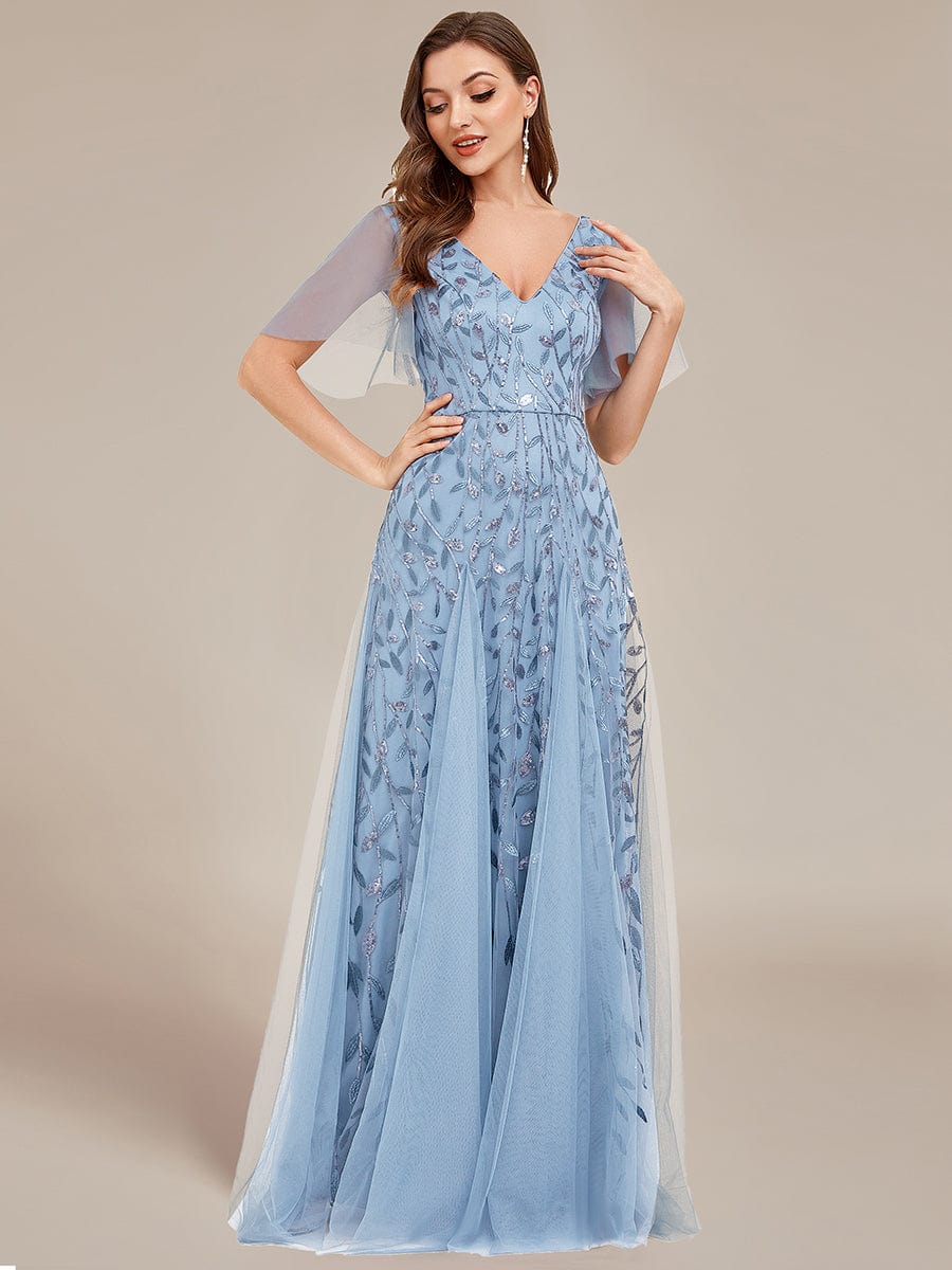 Stunning V Neck Long Wedding Guest Dress with Ruffle Sleeves