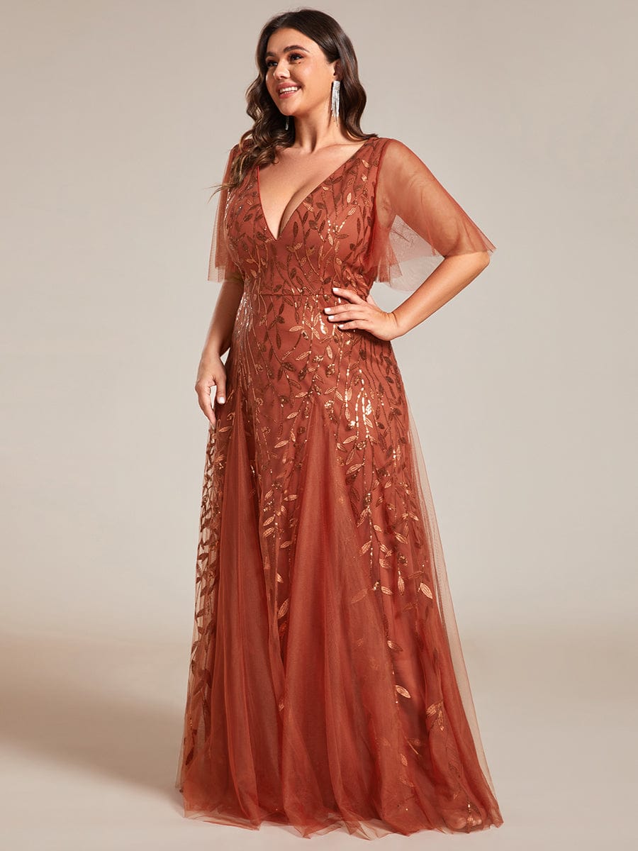 Plus Size Romantic Shimmery V Neck Ruffle Sleeves Evening Gown