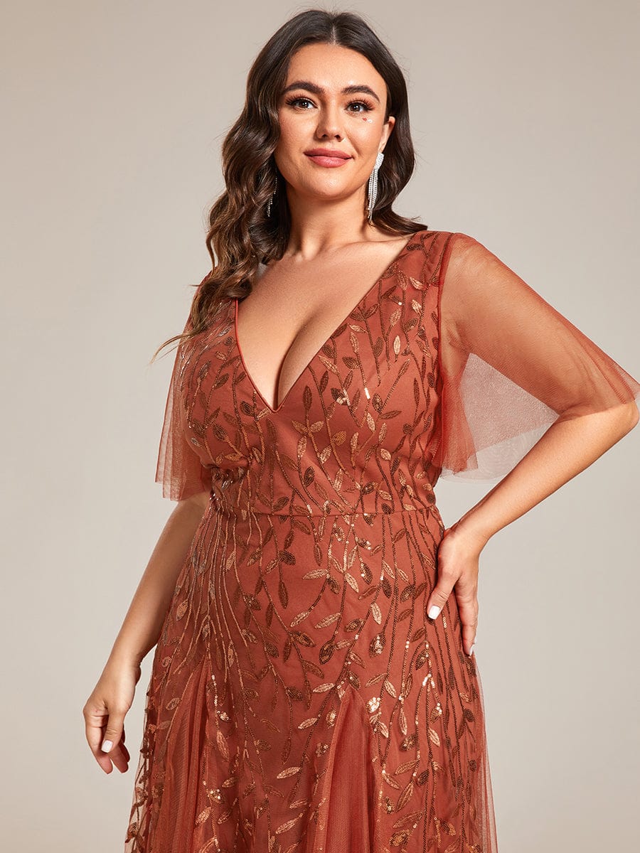 Plus Size Romantic Shimmery V Neck Ruffle Sleeves Evening Gown