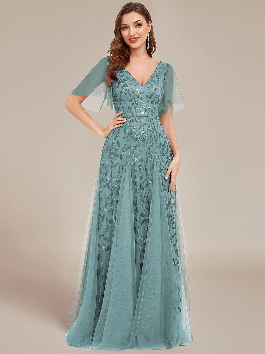 Stunning V Neck Long Wedding Guest Dress with Ruffle Sleeves