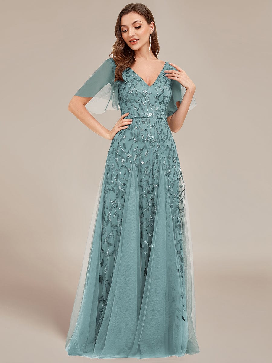 Stunning V Neck Long Wedding Guest Dress with Ruffle Sleeves