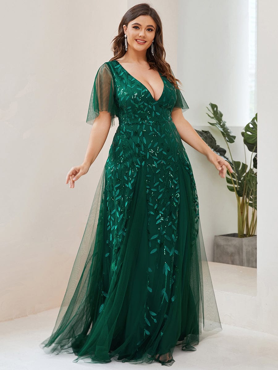 Plus Size Romantic Shimmery V Neck Ruffle Sleeves Evening Gown