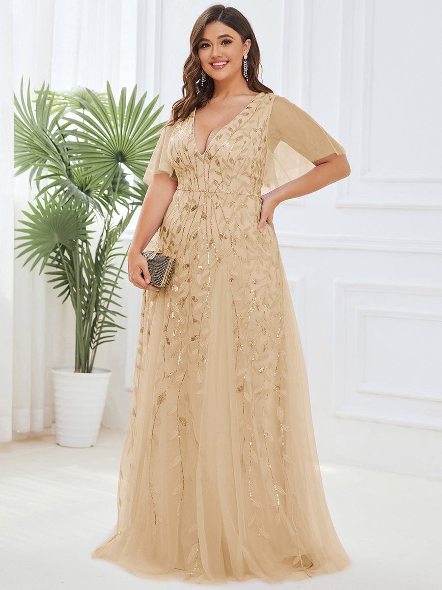 Plus Size Romantic Shimmery V Neck Ruffle Sleeves Evening Gown