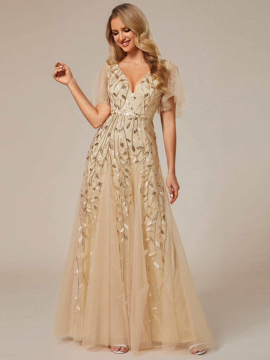 Stunning V Neck Long Wedding Guest Dress with Ruffle Sleeves