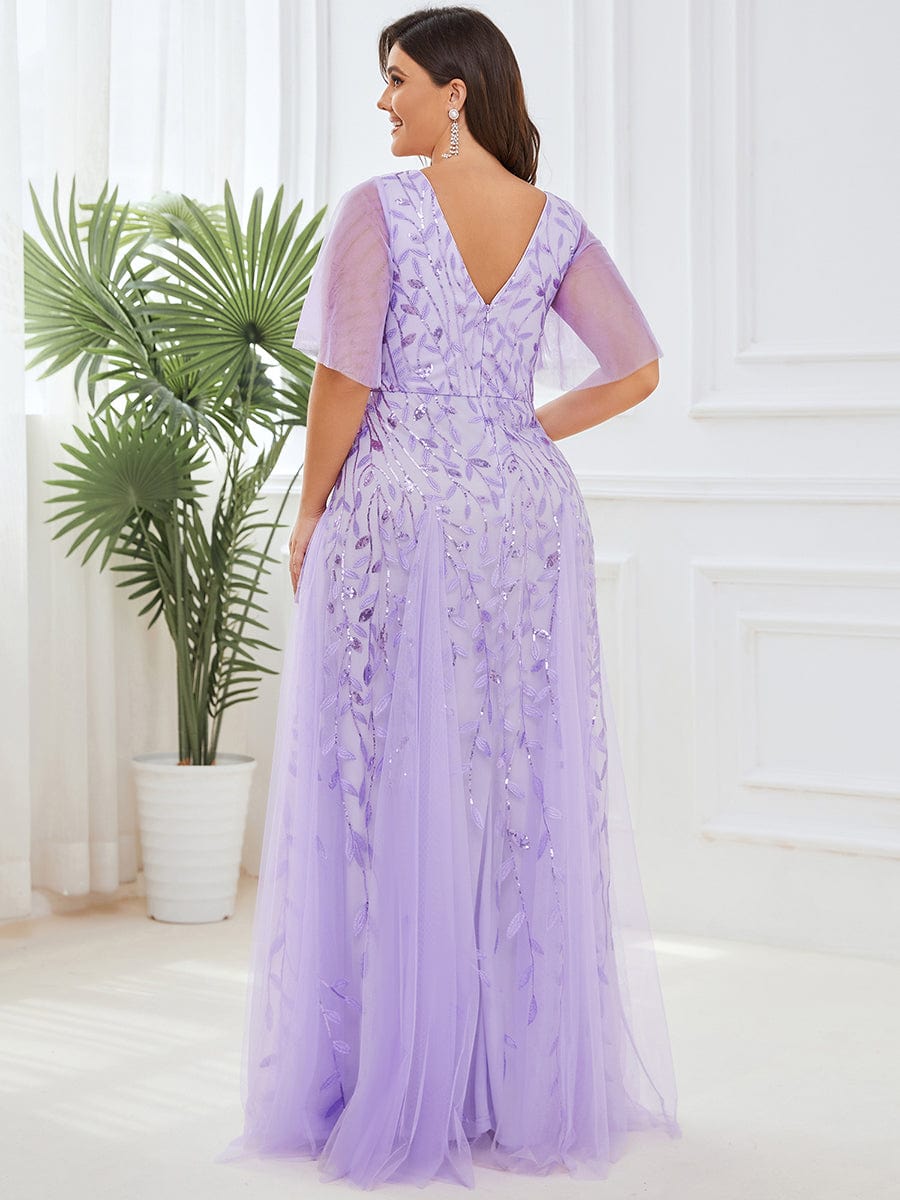 Plus Size Romantic Shimmery V Neck Ruffle Sleeves Evening Gown