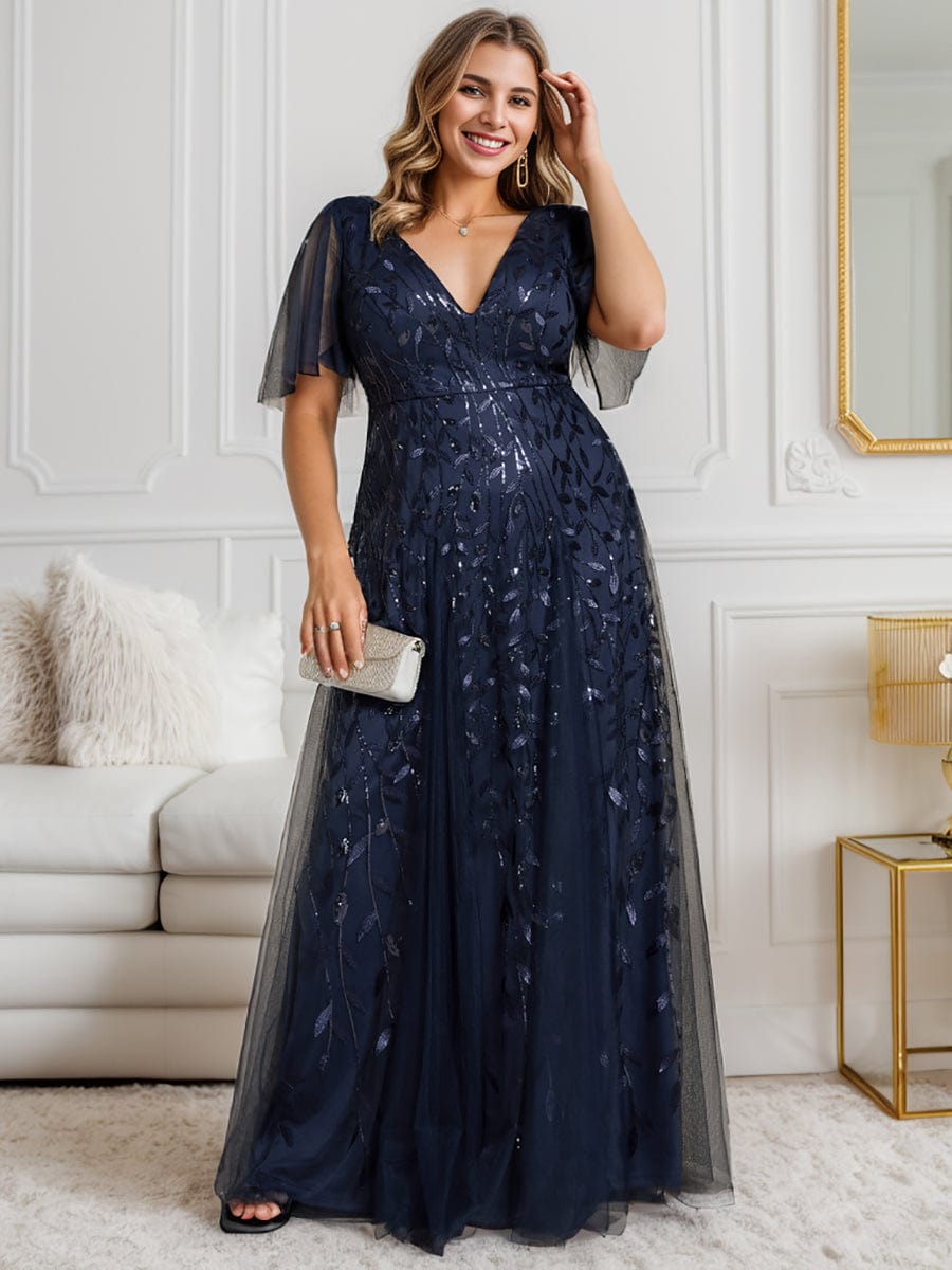 Plus Size Romantic Shimmery V Neck Ruffle Sleeves Evening Gown